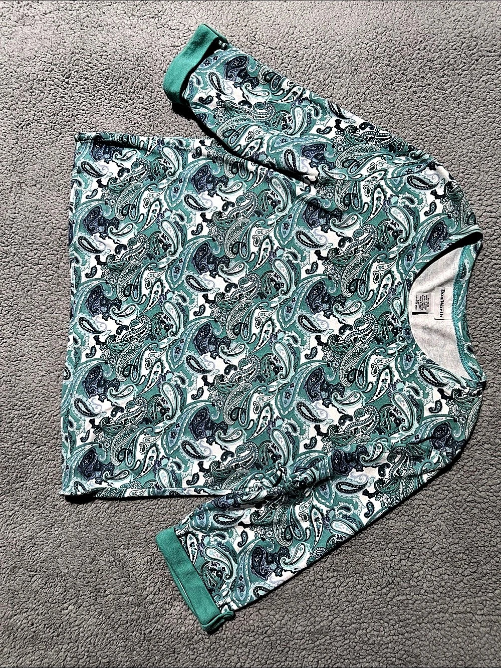 BonWorth Paisley Long Sleeve Top in Green & White Size Medium